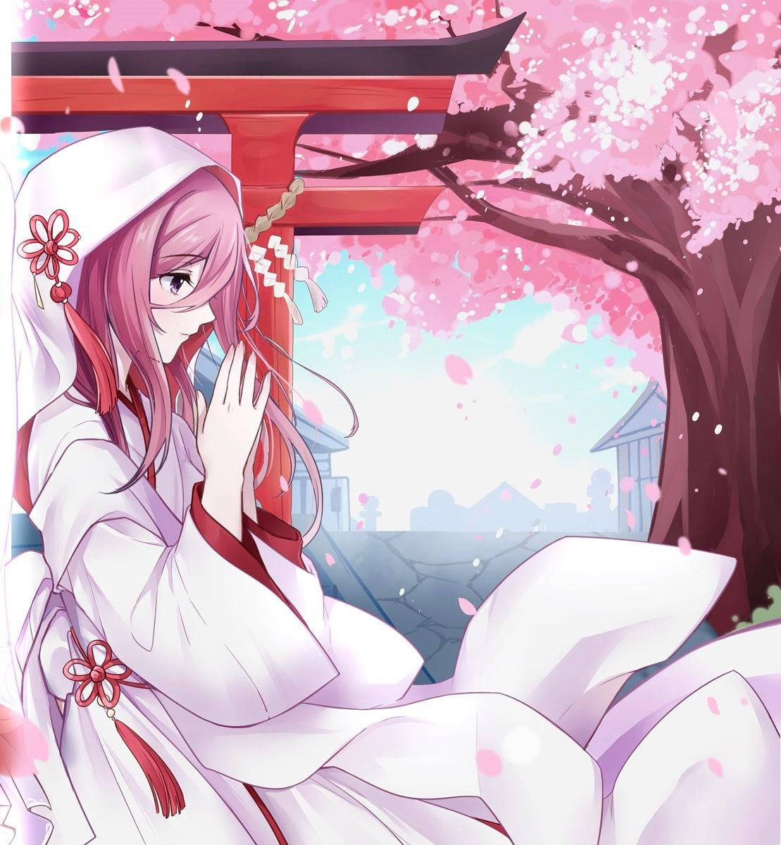 神社巫女鳴子美久 壁紙 — 一位粉紅色頭髮的動漫女孩穿著白色和服，在紅色鳥居旁的櫻花樹下祈禱。