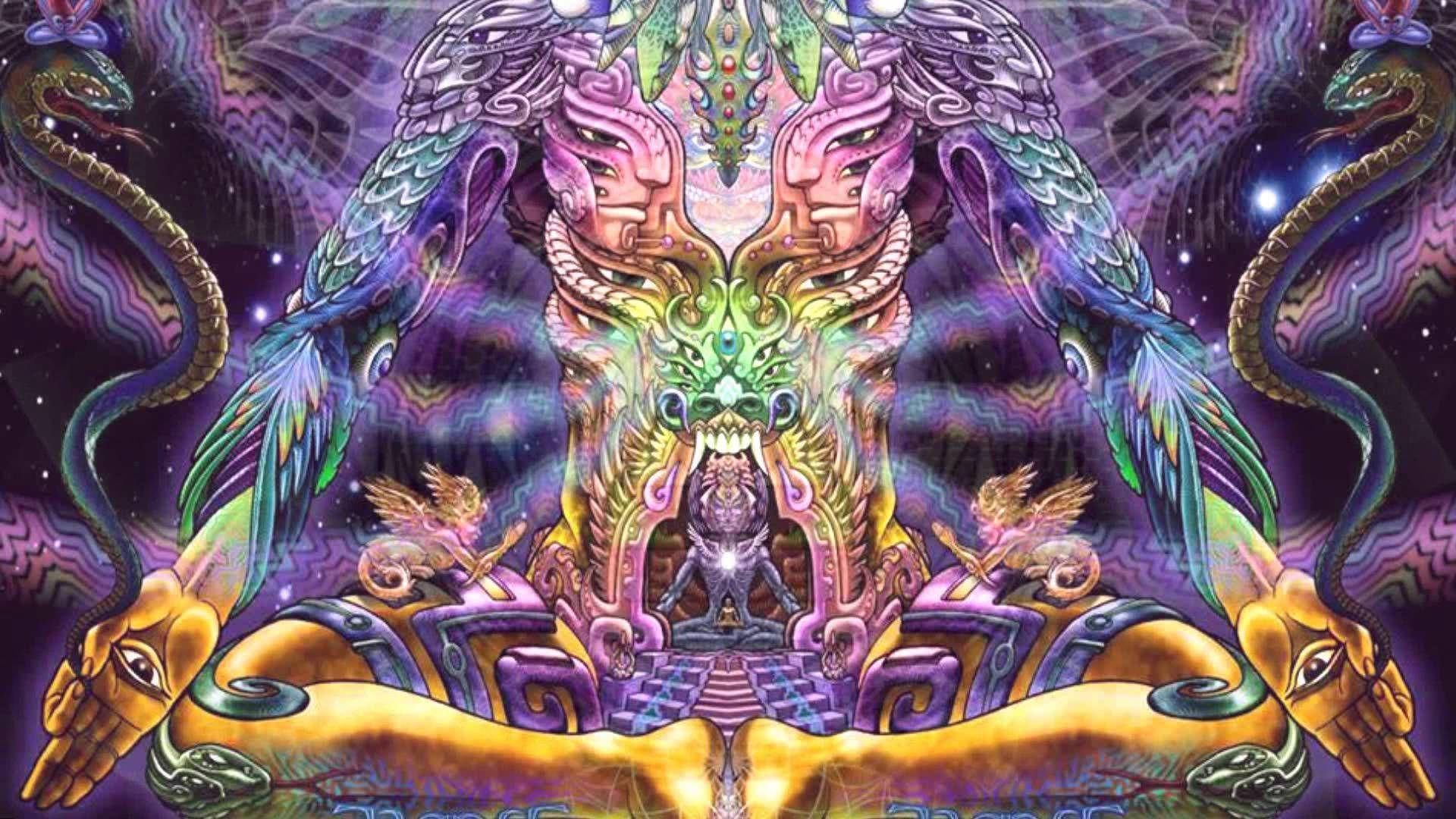 一件迷幻數碼藝術作品中的宇宙神祇，擁有蛇翼和發光的眼睛。