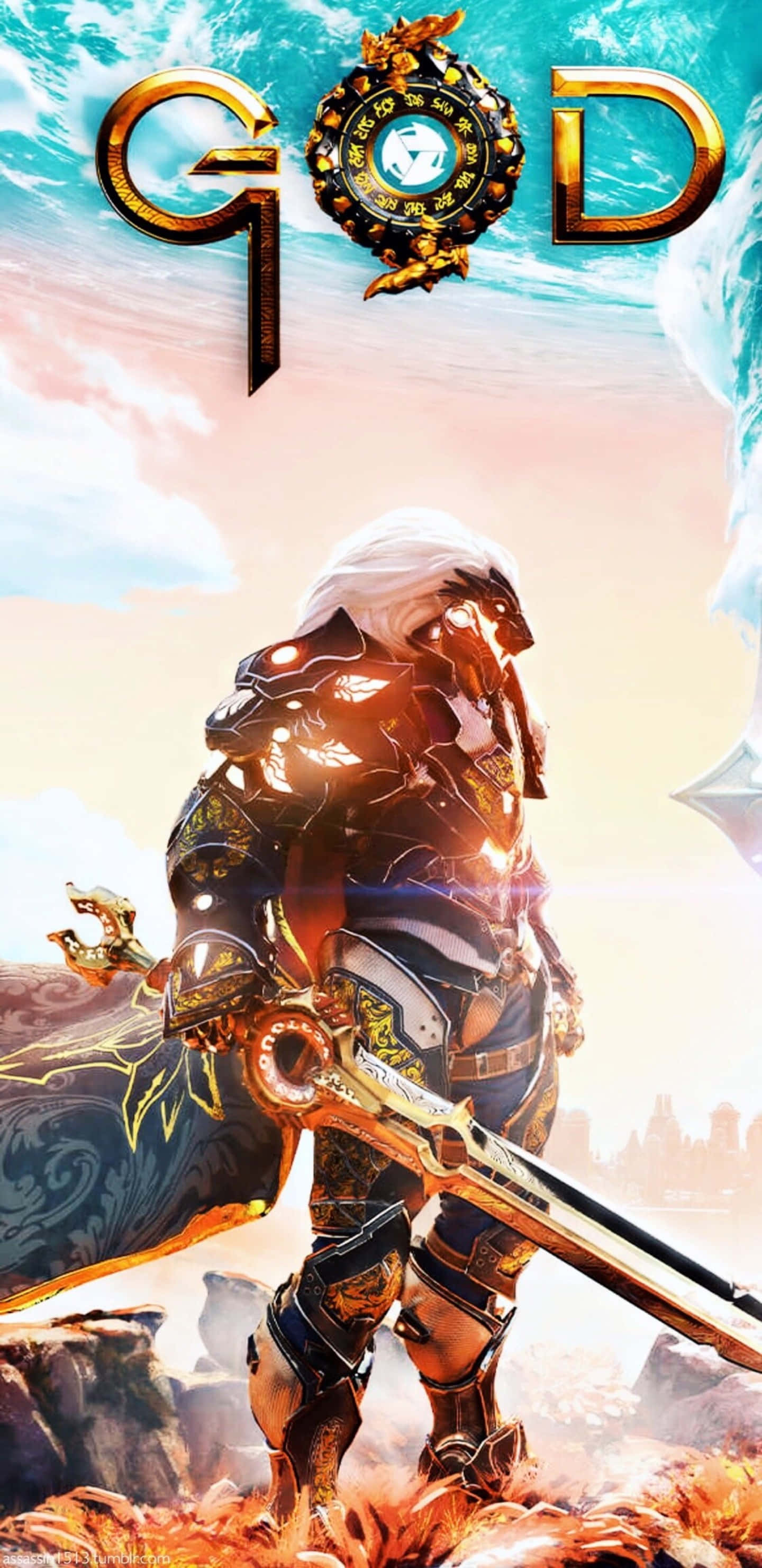 神祇等待你來：探索《Godfall》的壯麗風景 壁紙 — 一名身穿華麗盔甲的戰士站在火熱的地面上，在寫有GOD字樣的天空下手持發光劍。