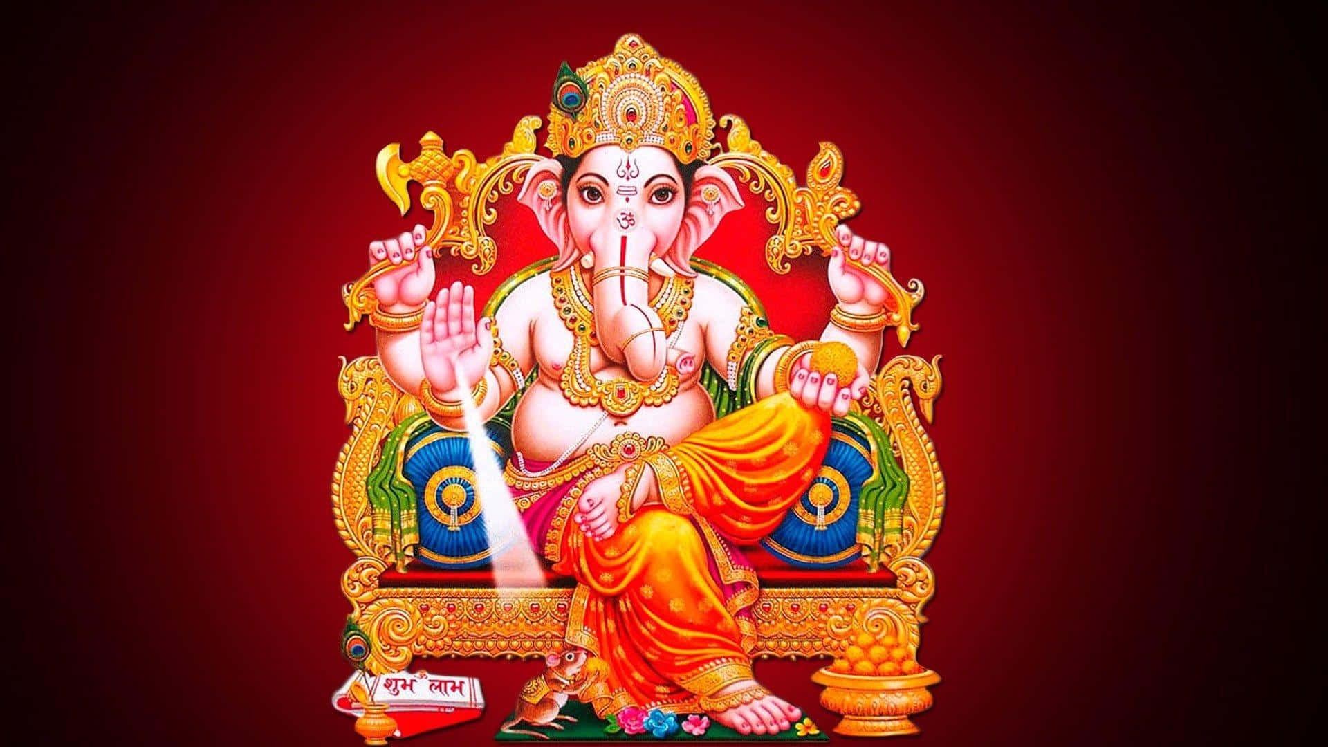 神祇象徵：象頭神迦尼薩（Ganesh） 壁紙 — 象頭神迦內沙威嚴地坐在華麗的金色寶座上，背景是深紅色，身穿鮮豔的橙色和金色服飾，佩戴精緻的珠寶。