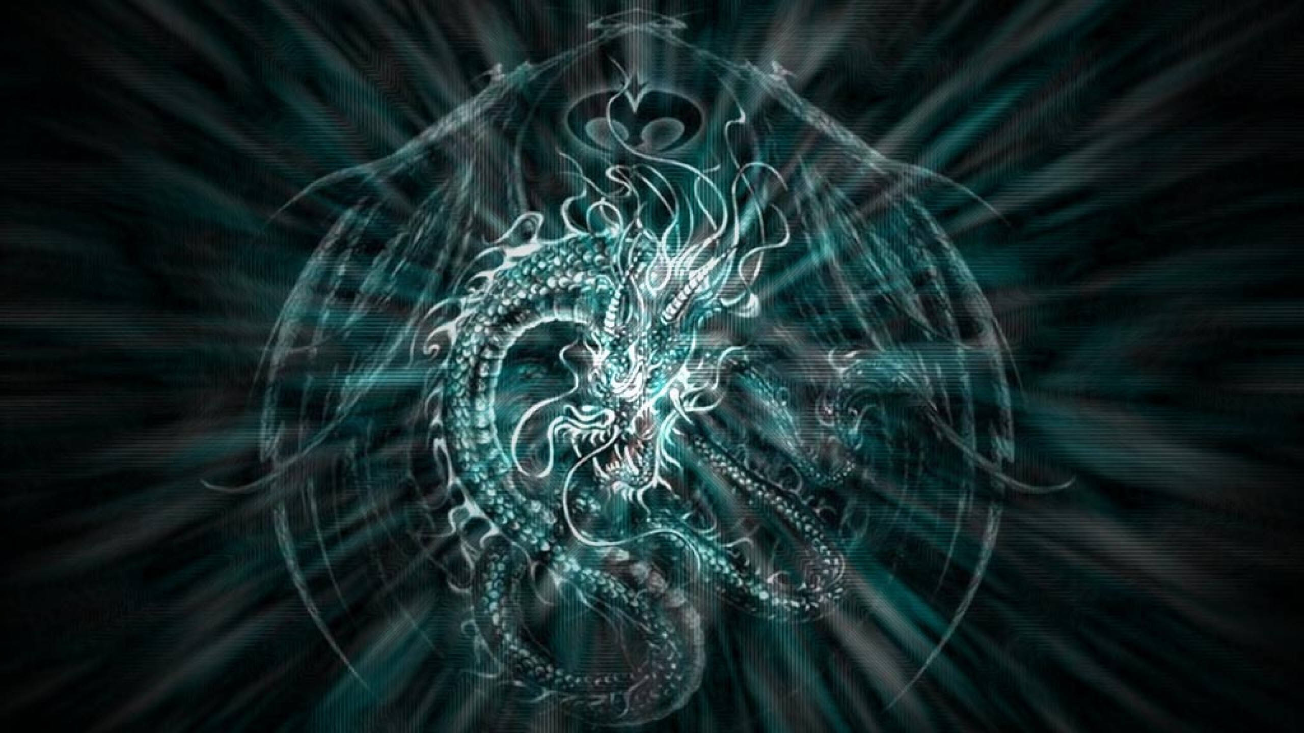 神祕中國龍藝術 壁紙 — 一隻發光的青綠色龍，帶有複雜的鱗片和翅膀，在黑暗背景中散發能量，伴隨光線條紋。