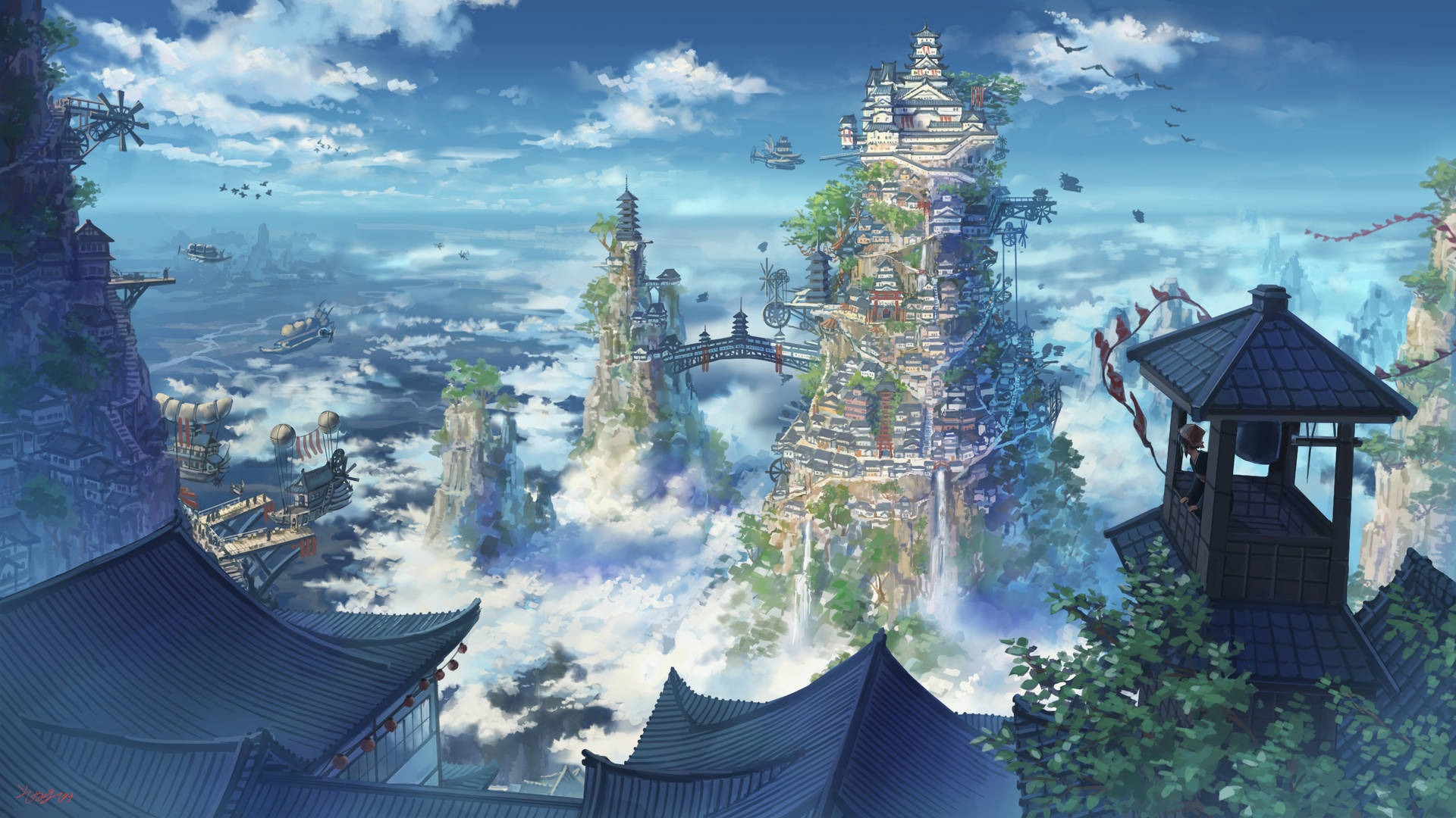 動漫風格中，雲層之上有寶塔和橋樑的漂浮天空島嶼。