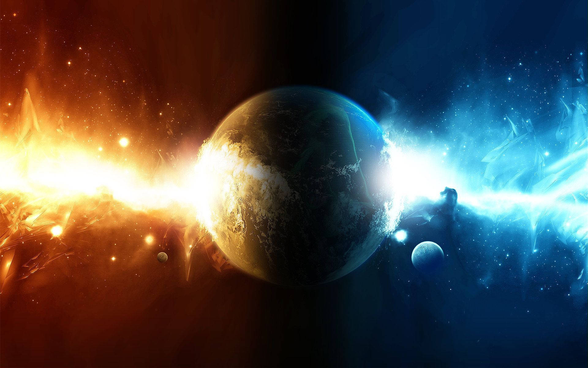 神祕宇宙藝術作品 壁紙 — 一個被光芒四射的光束分割的宇宙行星，周圍環繞著熾熱的橙色和電光藍色的星雲。