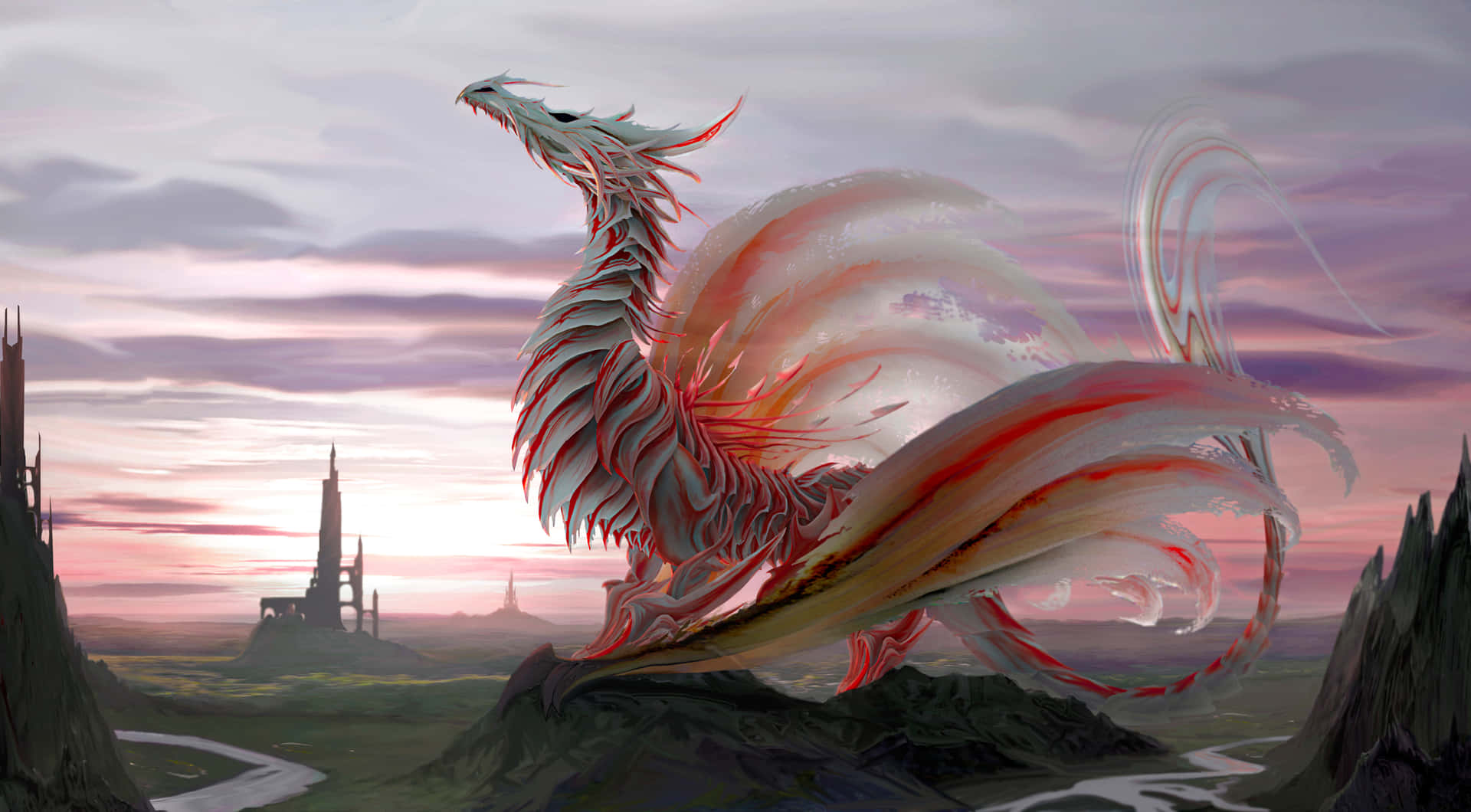 神祕巨龍對比鮮豔背景 壁紙 — 一條威風凜凜的紅銀巨龍翱翔於暮色景觀之上，下方有古老塔樓與蜿蜒河流。