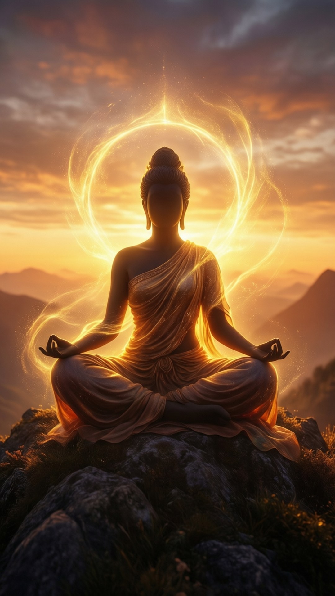 神祕日出光暈 壁紙 — 一尊寧靜的佛像在山頂上冥想，一道燦爛的金色光環在夕陽天空的映襯下在其頭頂盤旋。