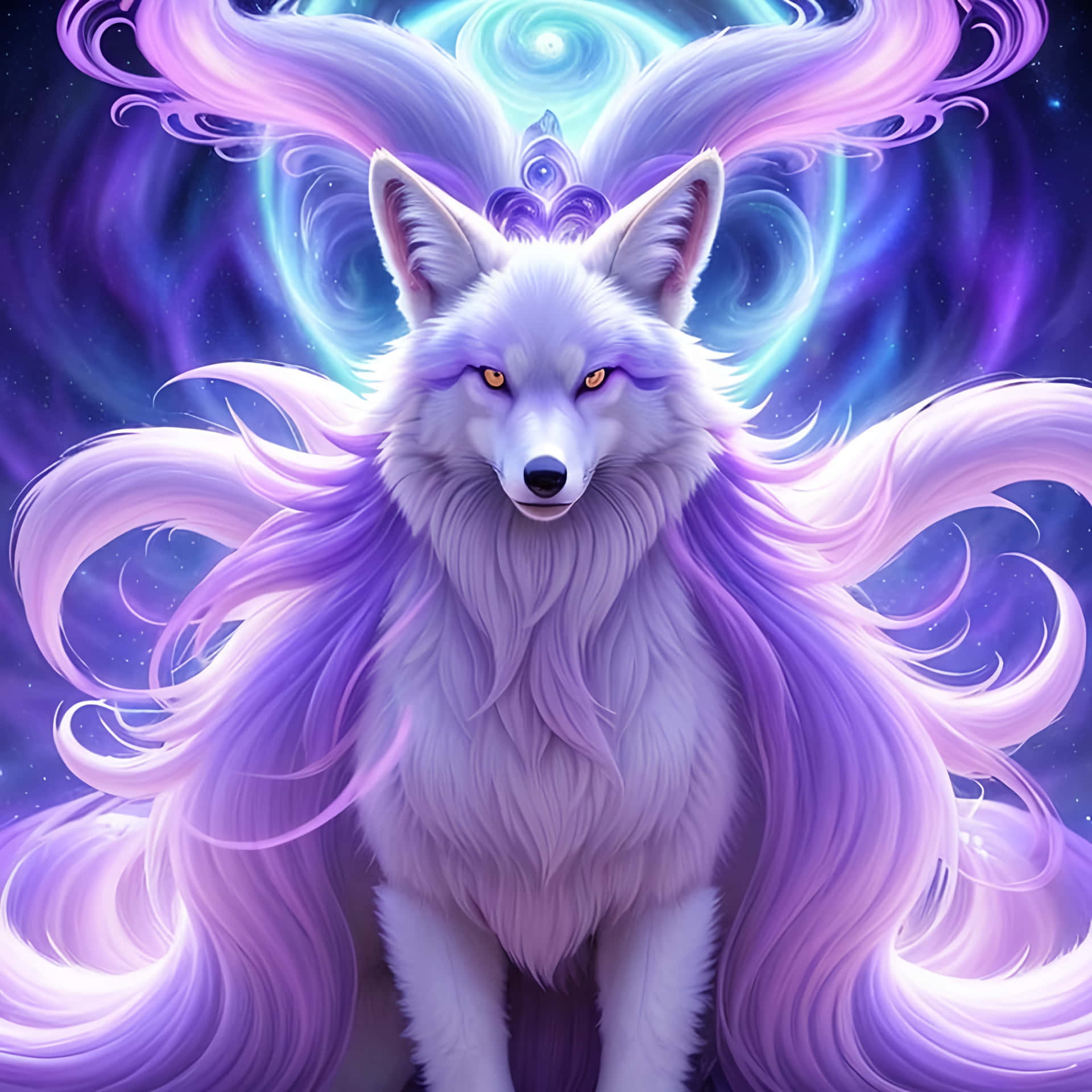 神祕星際狼藝術 壁紙 — 一隻雄偉的白狐，擁有發光的琥珀色眼睛和飄逸的紫色毛髮，站在藍色和紫色能量旋轉的宇宙漩渦前。