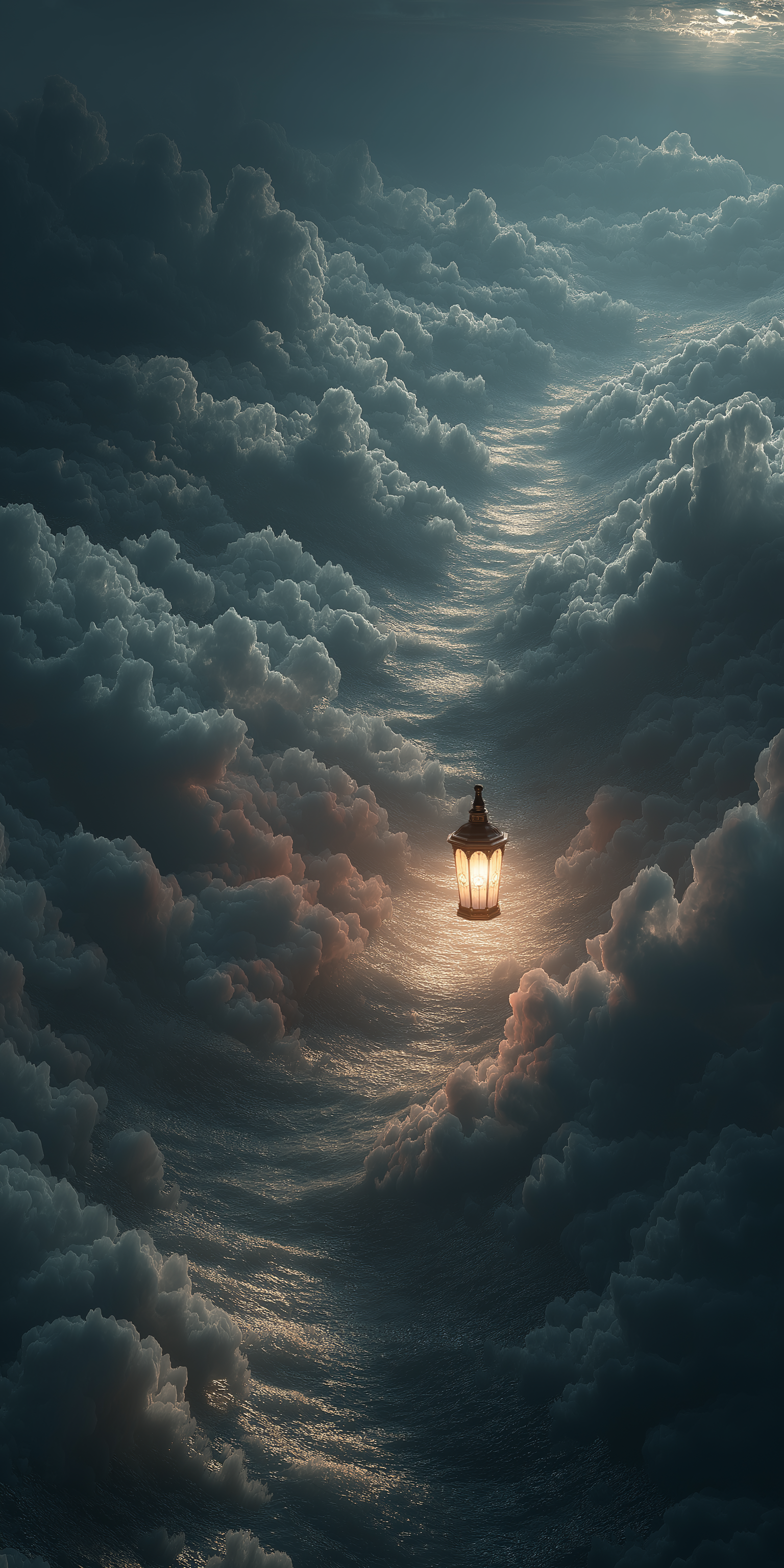 神祕燈籠飄浮於天際雲海 壁紙 — 一盞發光的燈籠漂浮在濃密的雲海中，被遠處的陽光照射。