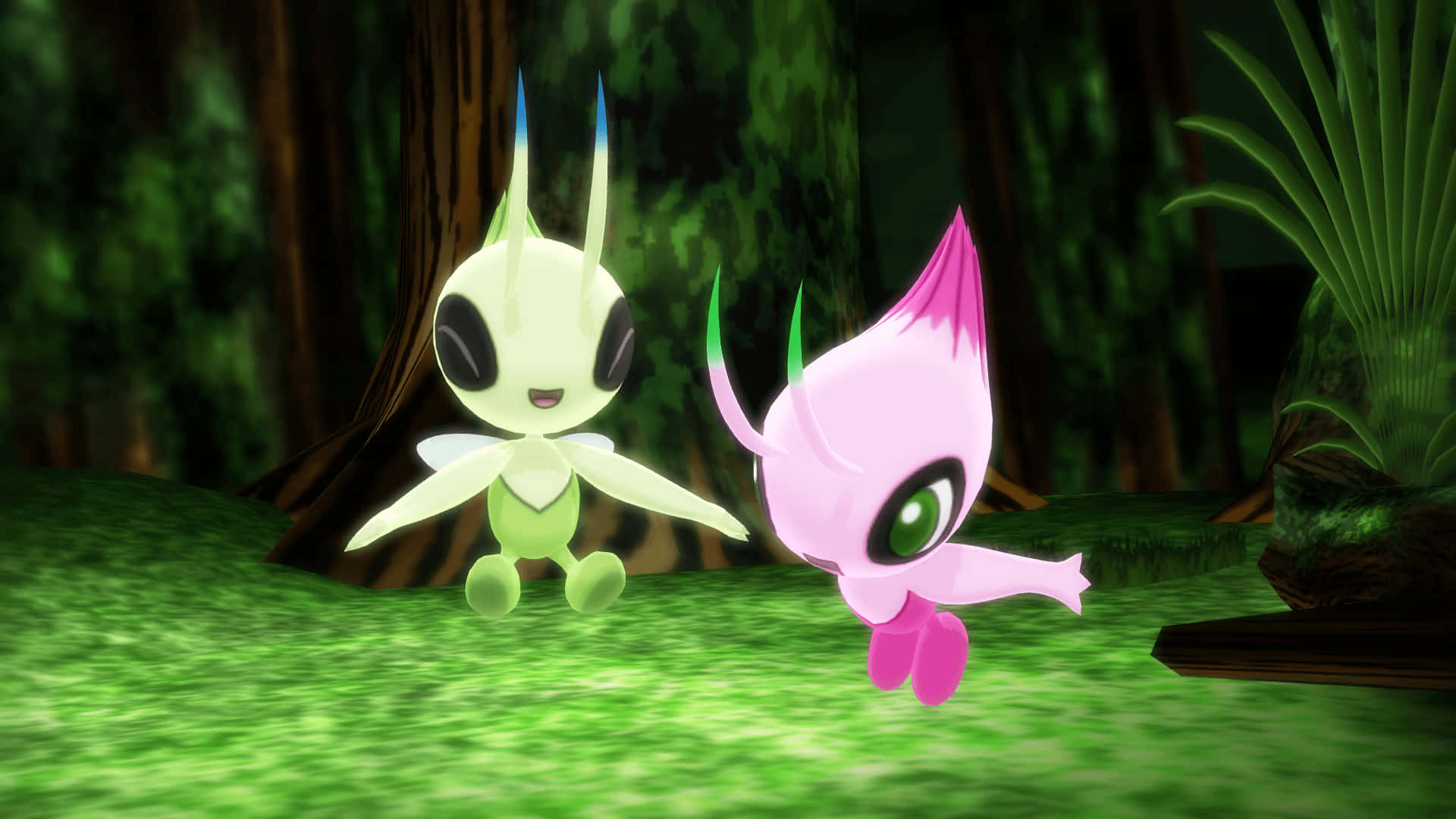 神祕的 Celebi 深林中 壁紙 — 兩個可愛的動漫風格外星生物，有著發光的眼睛和觸角，夜晚站在茂密的綠色森林中。