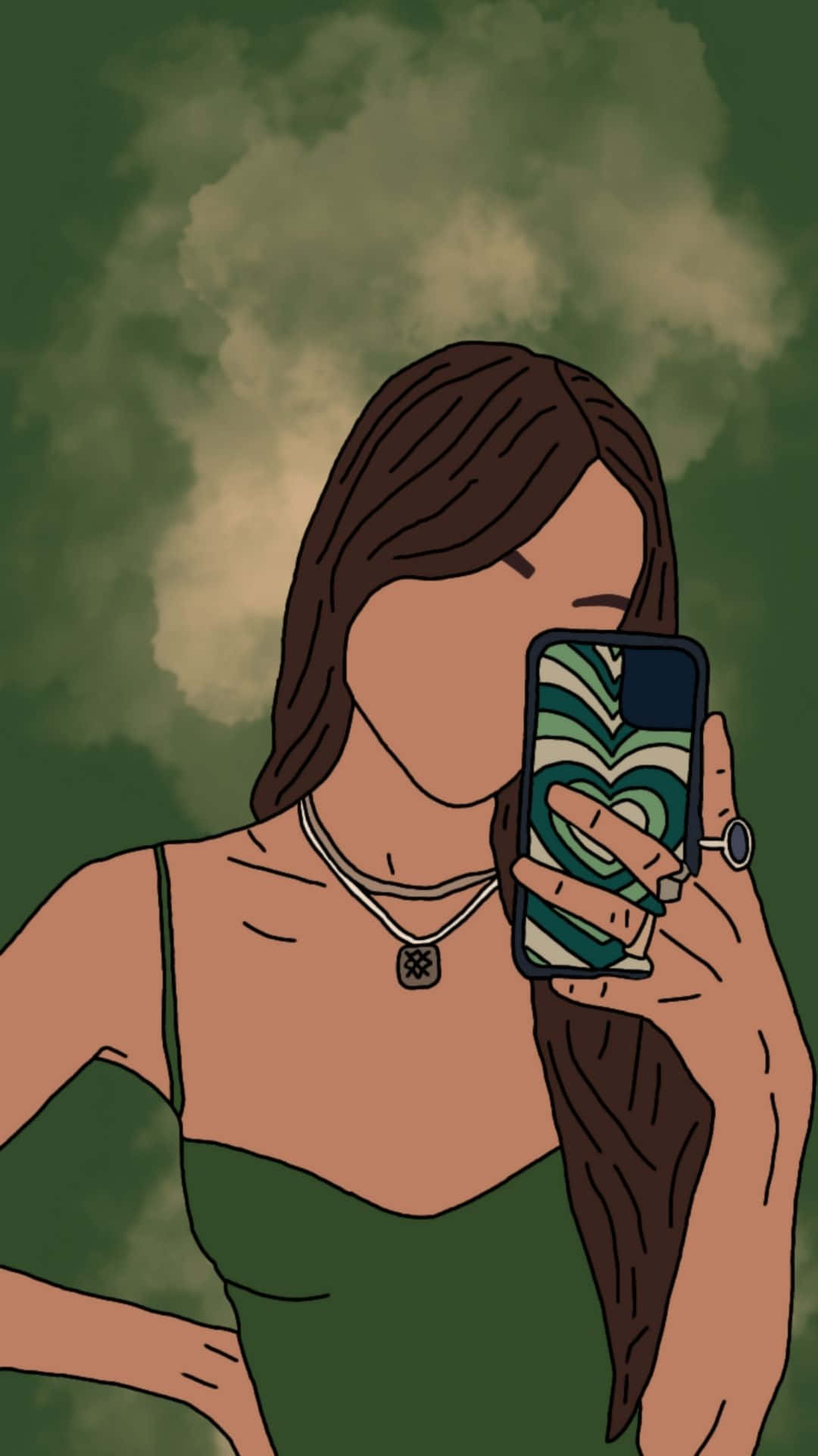 神祕的冬季風景 壁紙 — 一個風格化的插圖，描繪一名女子手持帶有心形圖案的手機，在陰鬱的綠色天空下遮住臉龐。