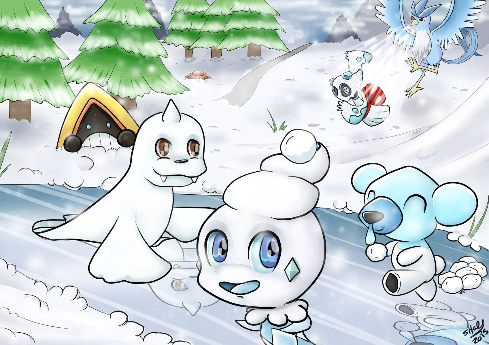 可愛的冰寶可夢在雪地森林中與松樹和山玩耍。