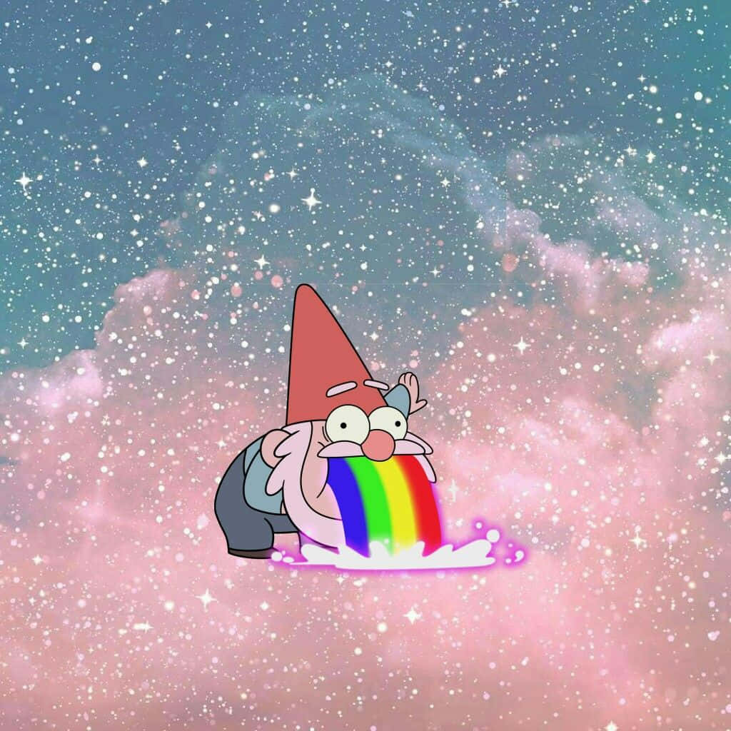 卡通地精在滿天星斗的粉藍色天空中噴出彩虹
