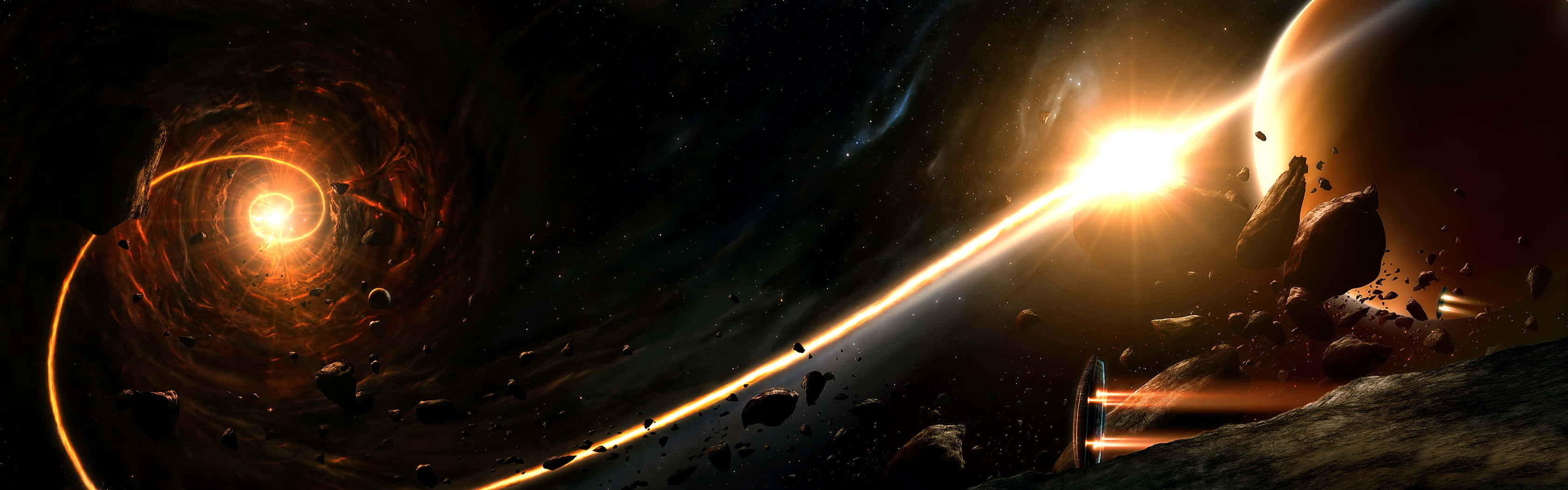 發光的蟲洞和星星照亮了太空中漂浮的小行星和一顆行星。