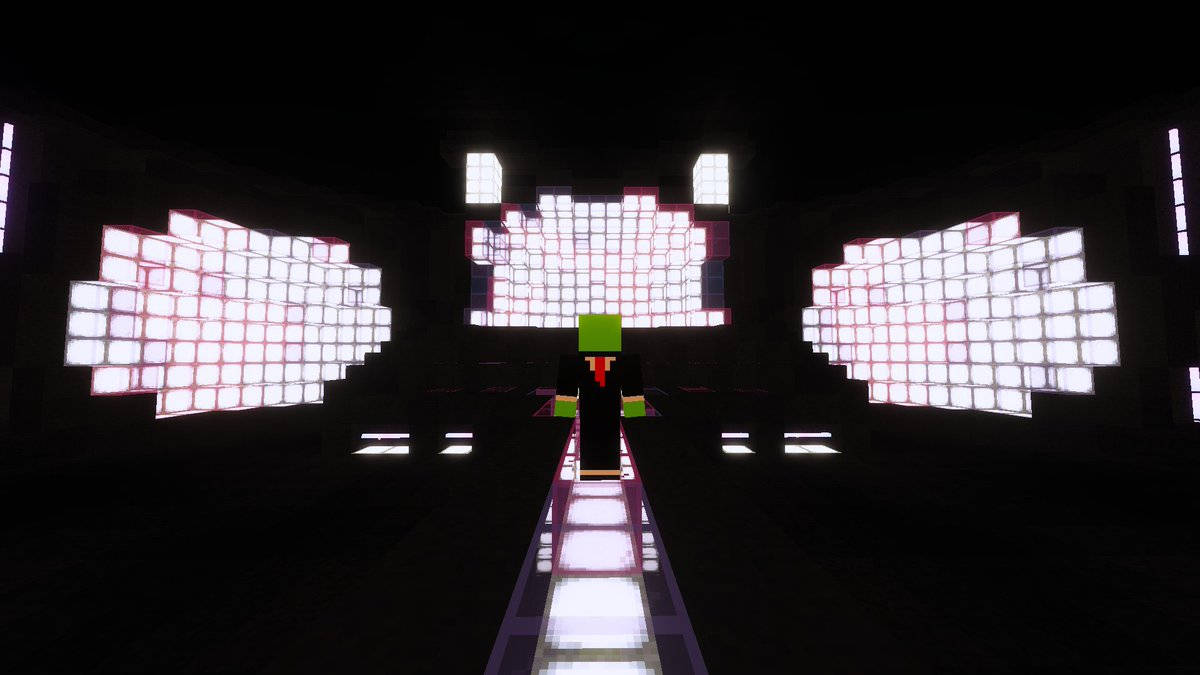 神秘 - MCYT在黑暗房間 壁紙 — 一個Minecraft角色站在發光路徑上，面向黑暗房間中的三個像素化發光翅膀。