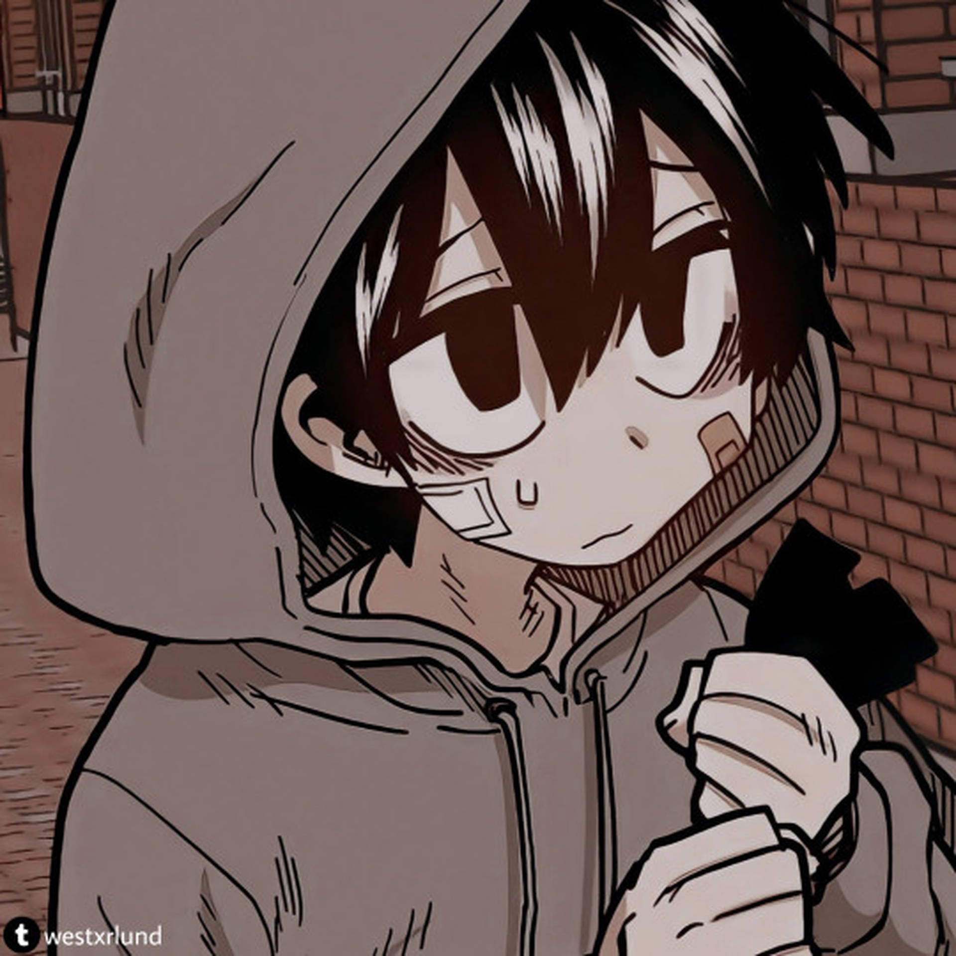 動漫男孩身穿連帽衫纏繃帶，低頭靠磚牆手持黑色物體。
