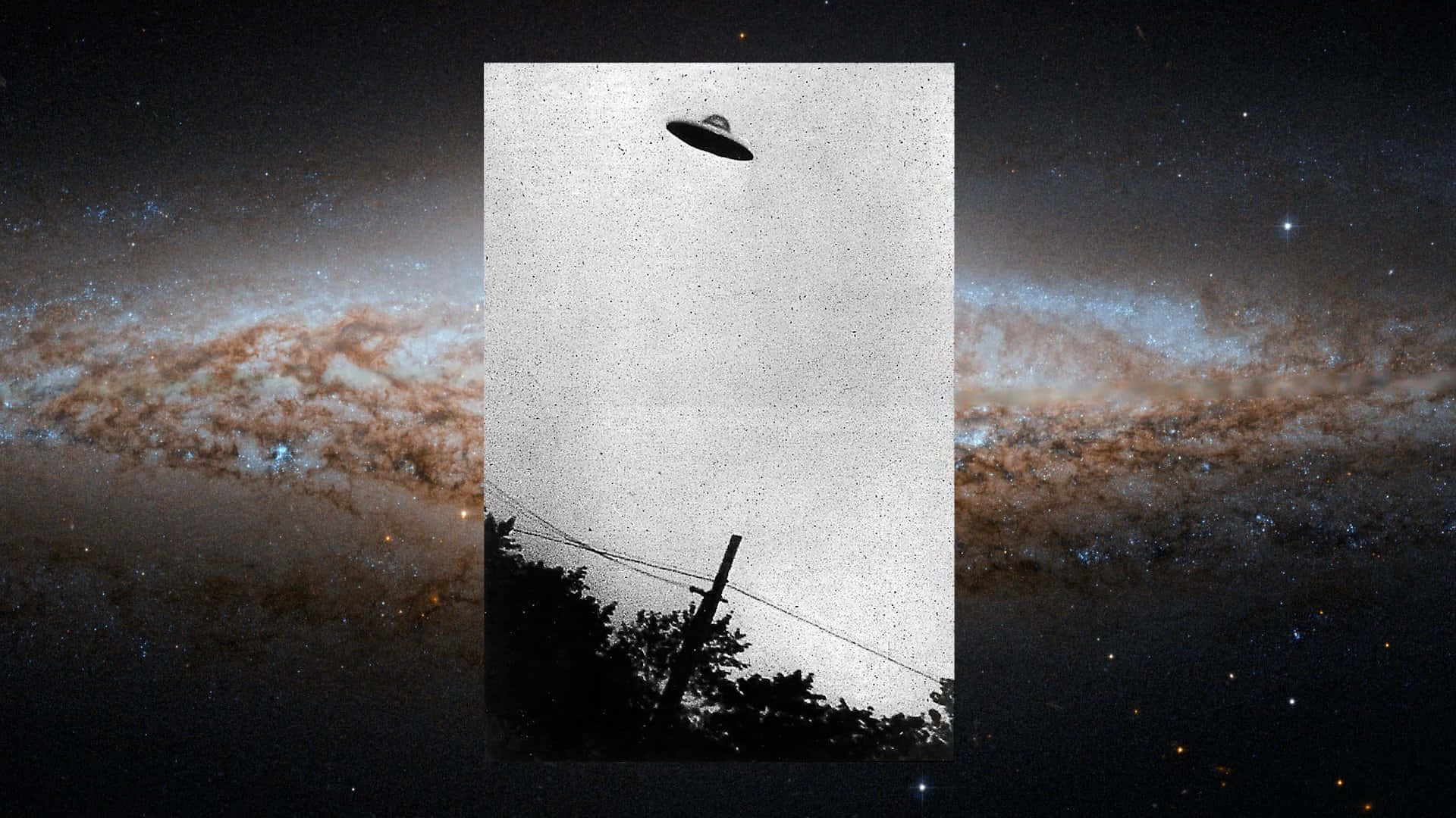 一個UFO懸浮在電線上，背景是星際銀河。