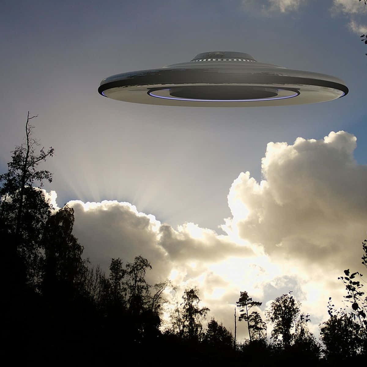 神秘UFO目擊畫面 壁紙 — 一個時尚的銀色UFO懸浮在森林剪影上方，背景是戲劇性的陽光天空和蓬鬆的雲朵。