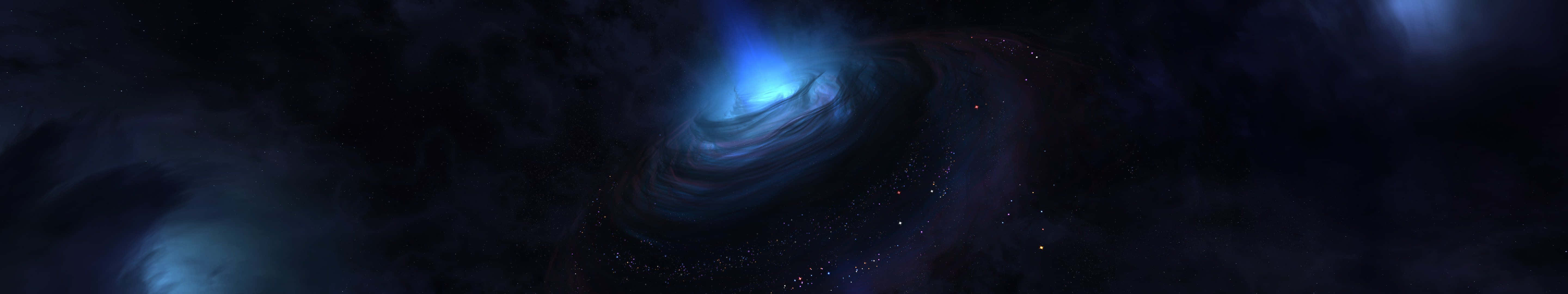 深空中發光的藍色和紫色宇宙星雲，帶有旋轉的雲層和遙遠的星星。