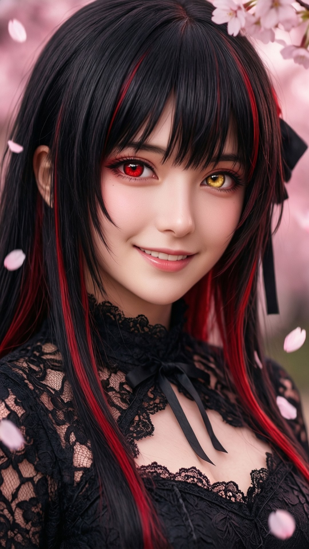 神秘之美 壁紙 — 一位擁有異色瞳（一紅一金）的年輕女性，在飄落的櫻花下穿著黑色蕾絲連衣裙。