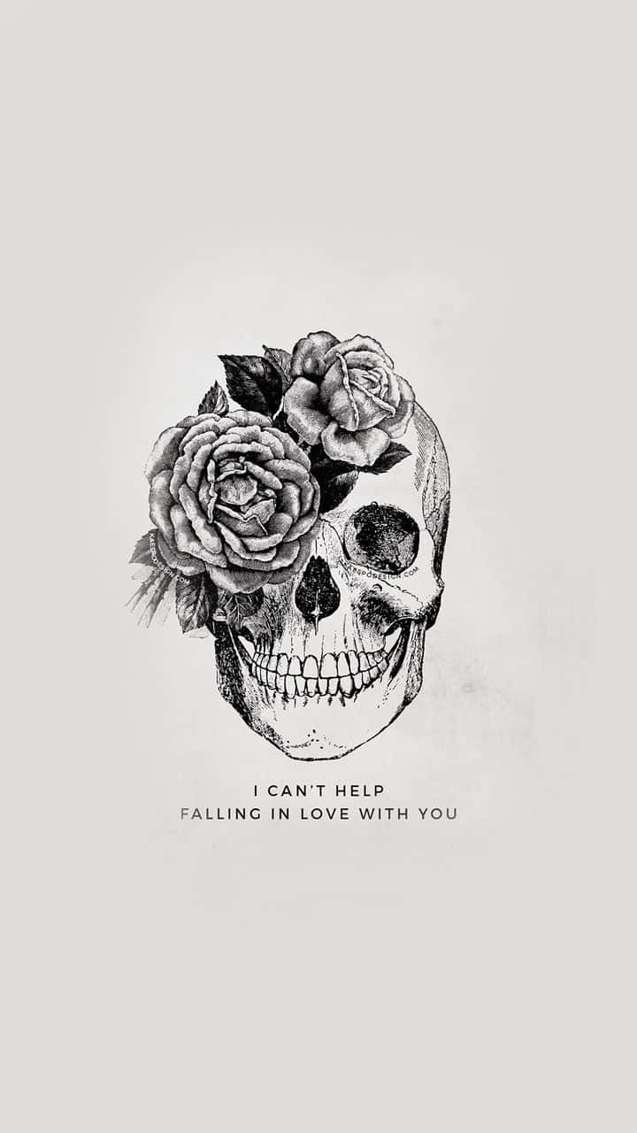 頭骨飾有玫瑰和文字 I can't help falling in love with you。