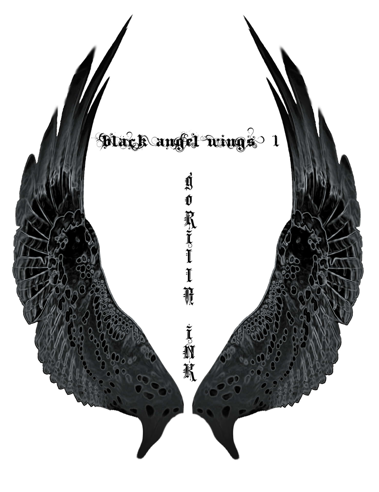 黑色天使翼，帶有華麗嘅羽毛設計同中間嘅哥德式文字。