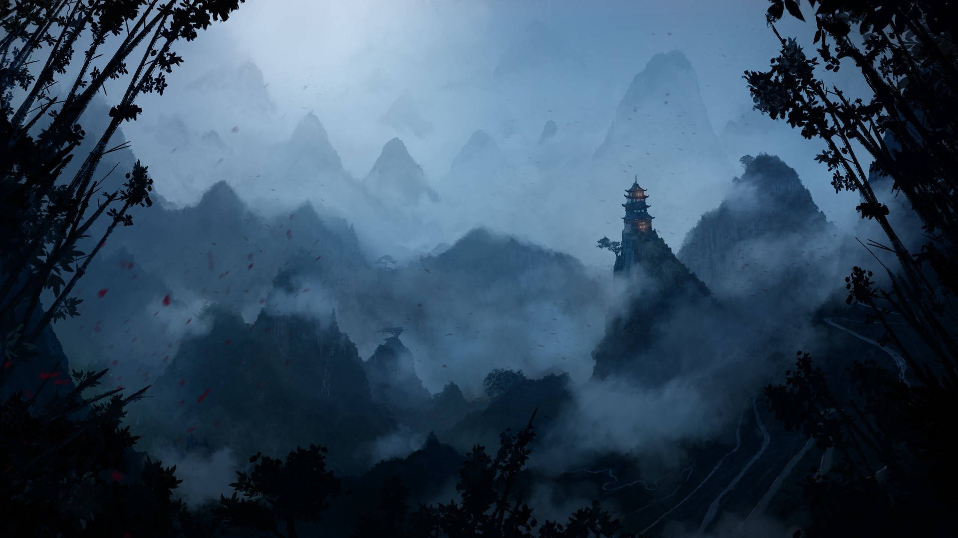 神秘亞洲幻想風景 壁紙 — 一座孤獨的寶塔坐落於霧氣繚繞的山頂，被黑暗的樹木剪影環繞，天空陰沉。