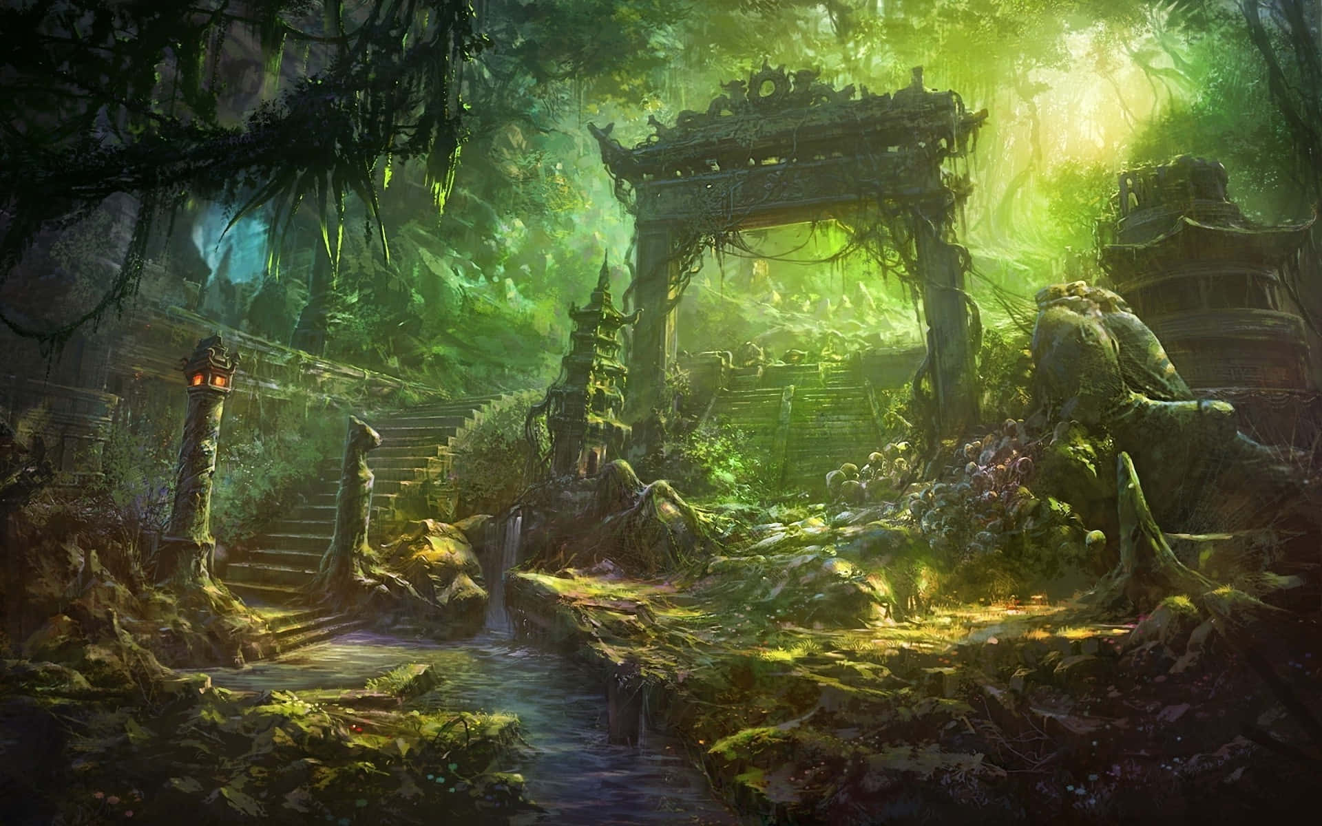 Samurai Garden 桌布 壁紙 — 神秘叢林中，斑駁陽光下，古老石廟遺跡被茂密綠植和苔蘚覆蓋。