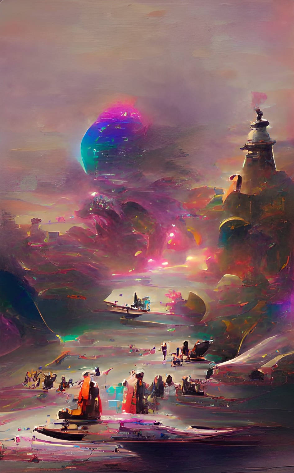 未來主義的外星景觀，在暮色天空下有發光的行星和漂浮的建築。