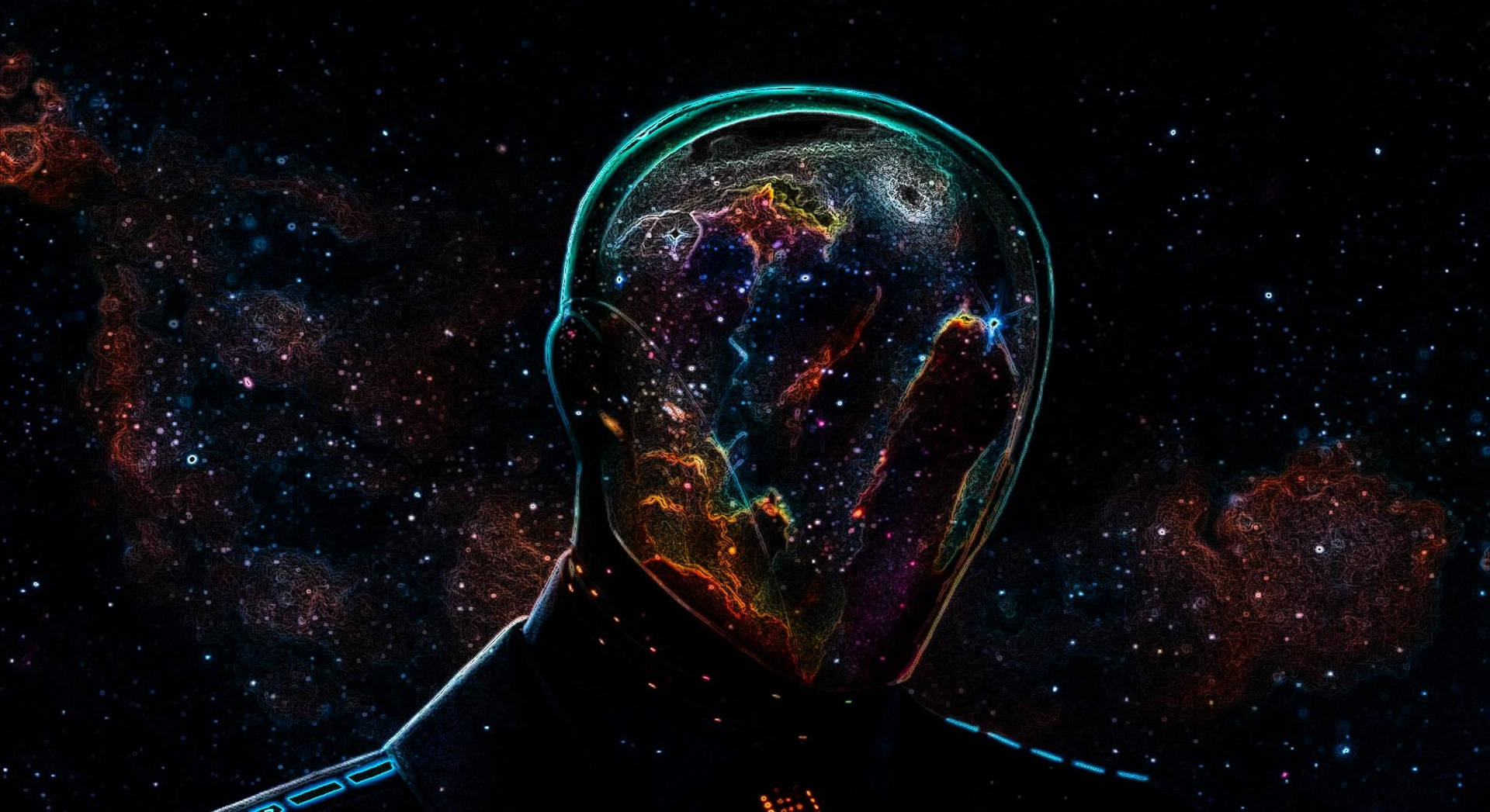 人類頭部輪廓在深空中閃耀著色彩繽紛的星雲。