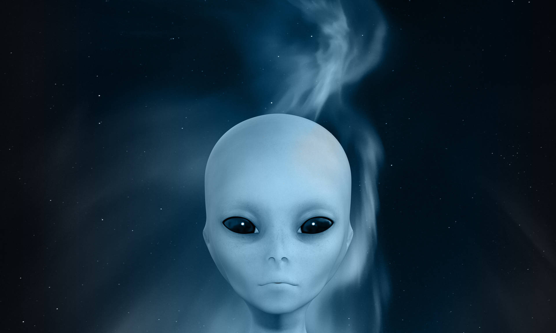 蒼白的外星人，有著巨大的黑色眼睛，漂浮在星空之中，藍色薄霧從它的頭部升起。