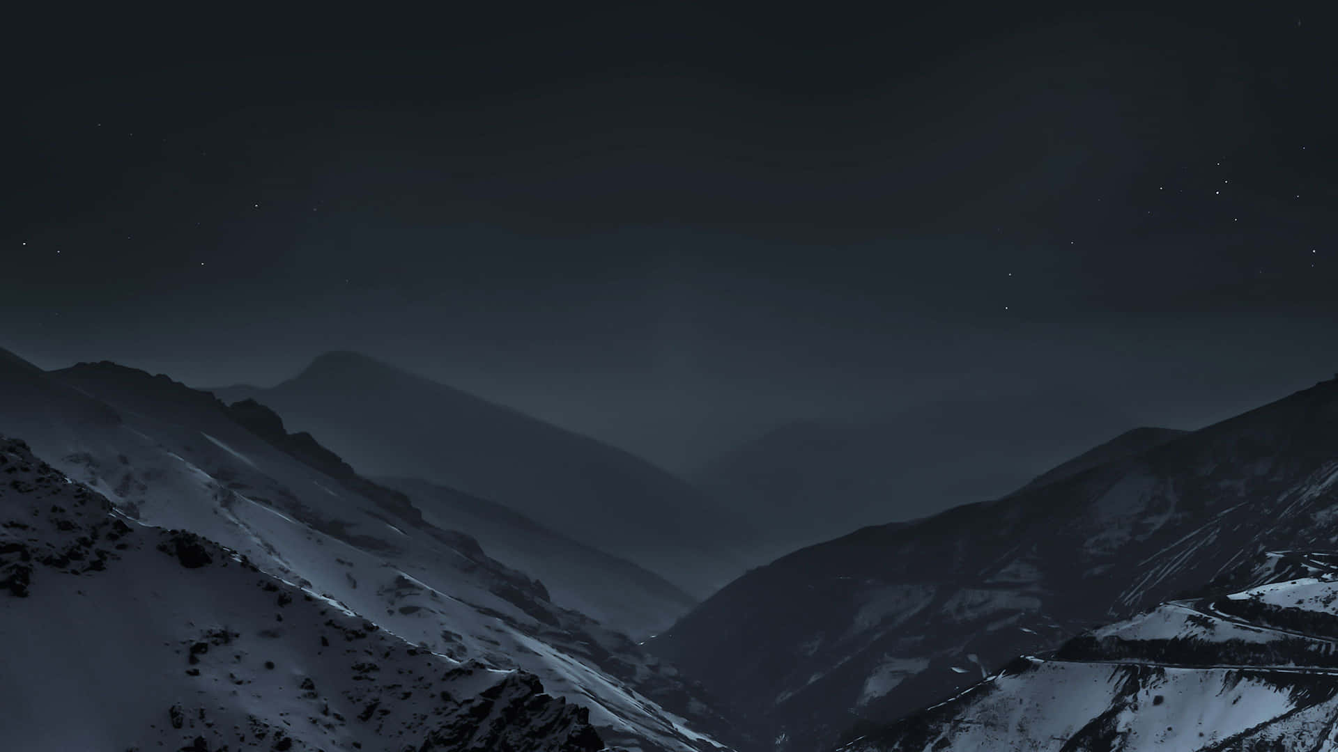 神秘夜山脈_4K 壁紙 — 白雪覆蓋的山峰，下方是星空下的霧氣山谷。