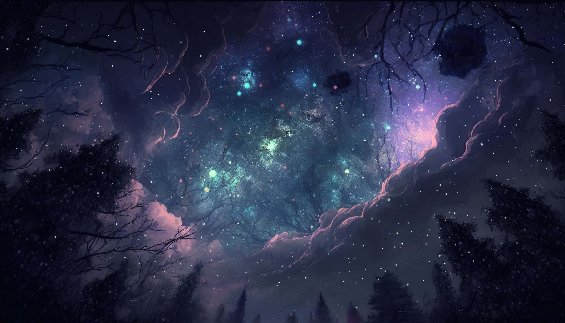 星空 桌布 壁紙 — 神秘夜空中的發光星雲和星星，穿過黑暗森林中光禿禿的樹枝窺視。
