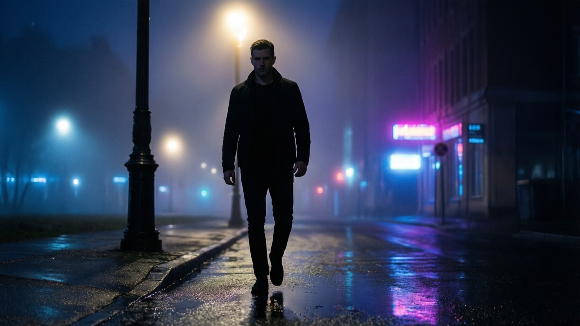 神秘夜行者 壁紙 — 一個孤獨的男人在夜晚走在一條霧氣瀰漫、霓虹燈閃爍的城市街道上，他的身影在發光路燈下的濕漉漉人行道上反射出來。