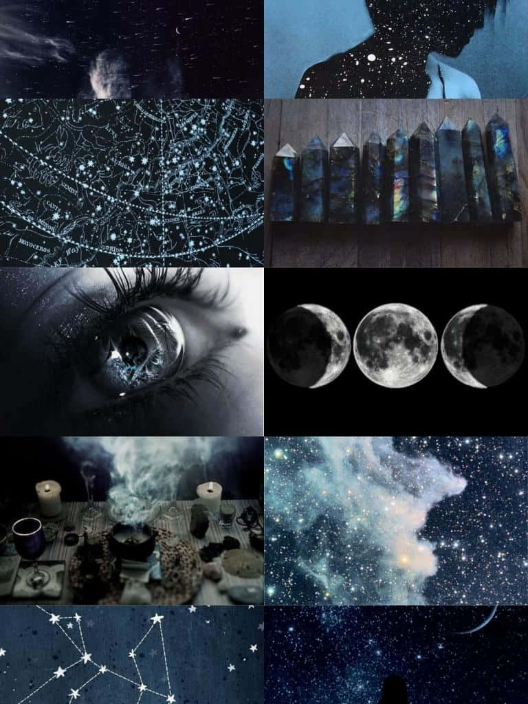 神秘夜間拼貼畫 壁紙 — 神秘的天體主題拼貼畫，包含星圖、月相、發光水晶和宇宙天空。
