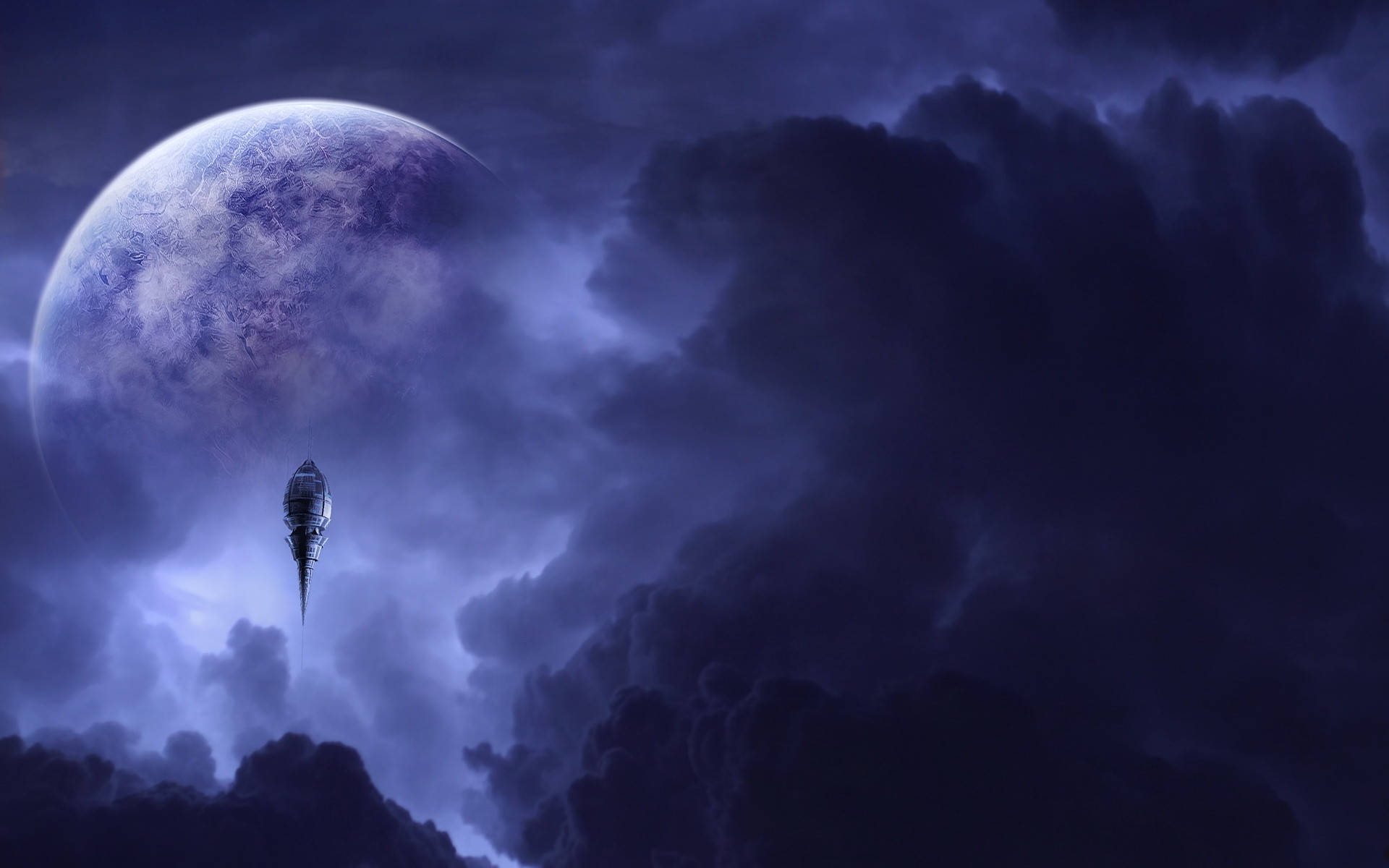 未來太空船在發光行星附近的暴風雲中飛行。