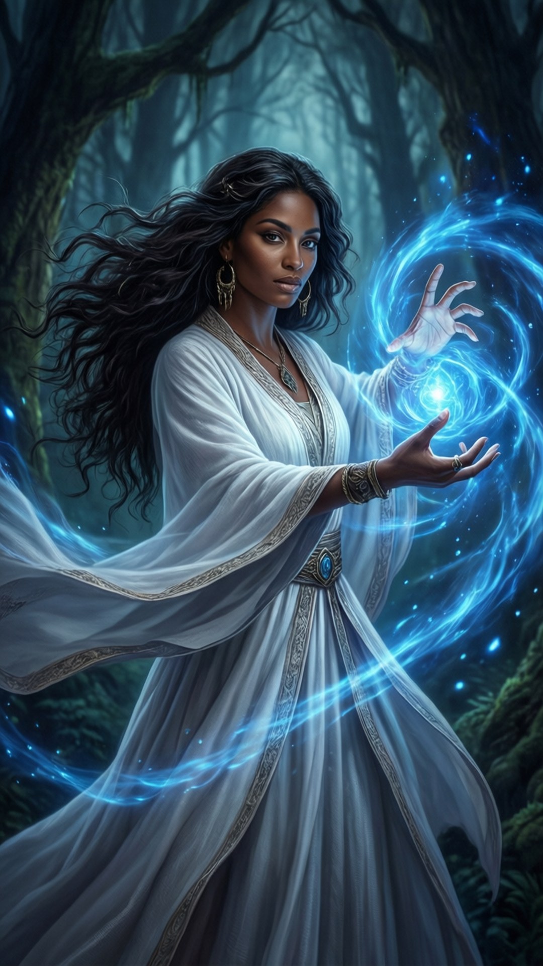 神秘女巫 壁紙 — 一位身穿飄逸白袍的女子在迷霧魔法森林中引導發光的藍色能量。