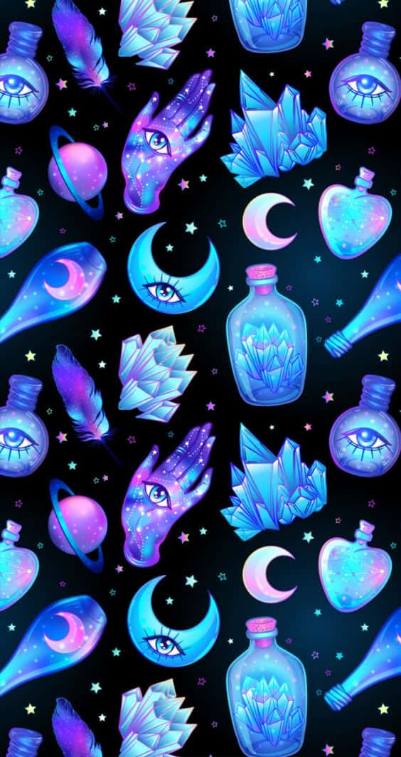 神秘女巫圖案背景 壁紙 — 充滿活力的宇宙圖案，帶有發光的藍色和紫色眼睛、月亮、水晶和瓶子，背景是星空黑色。