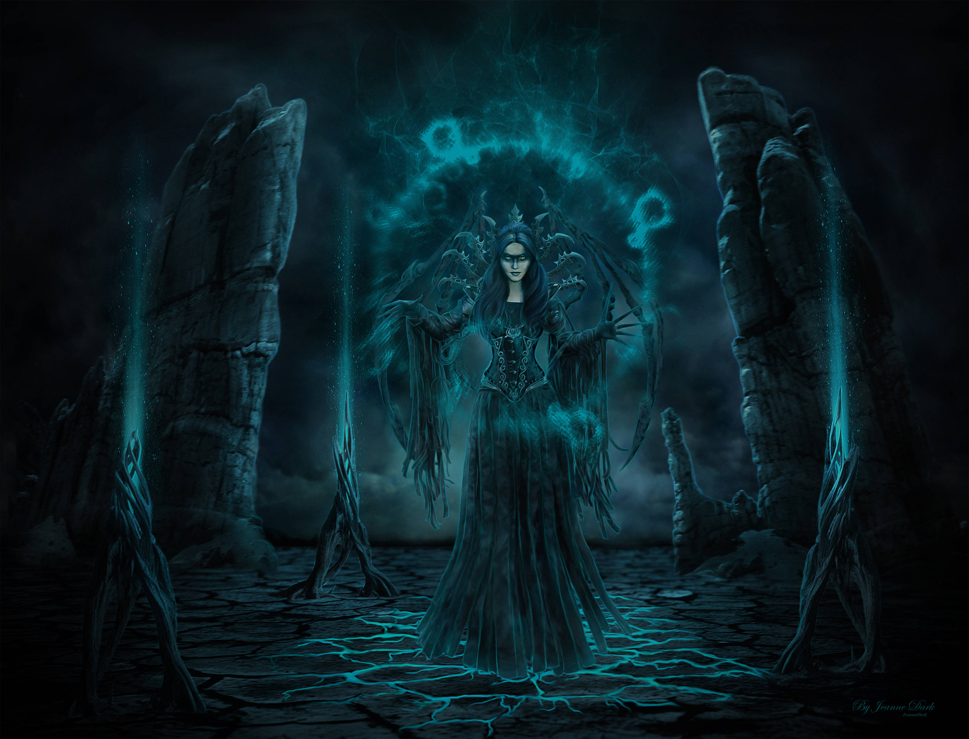 神秘女巫施展黑魔法 壁紙 — 一位帶有藍色發光能量的黑暗奇幻女王，站在神秘詭異領域的鋸齒石柱之間。