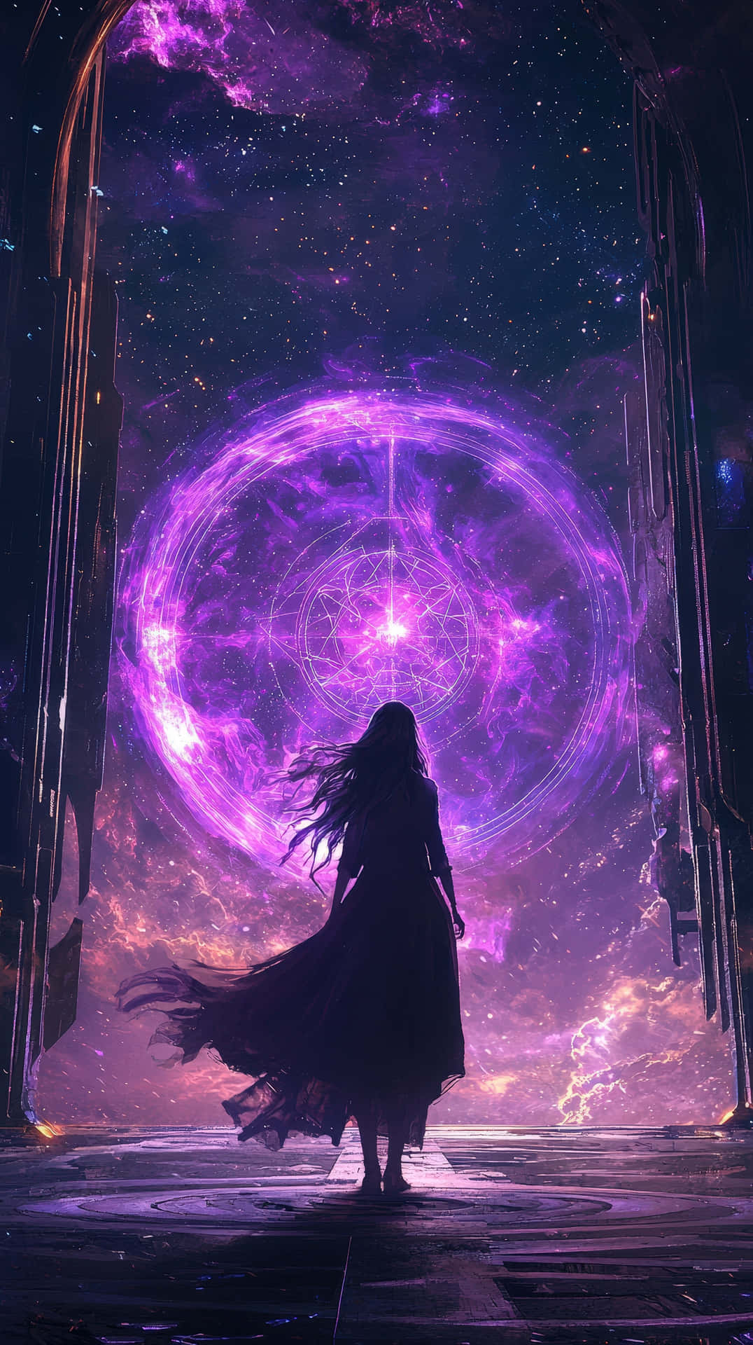 一個穿著長袍的人的剪影，面向未來房間中發光的紫色宇宙傳送門。