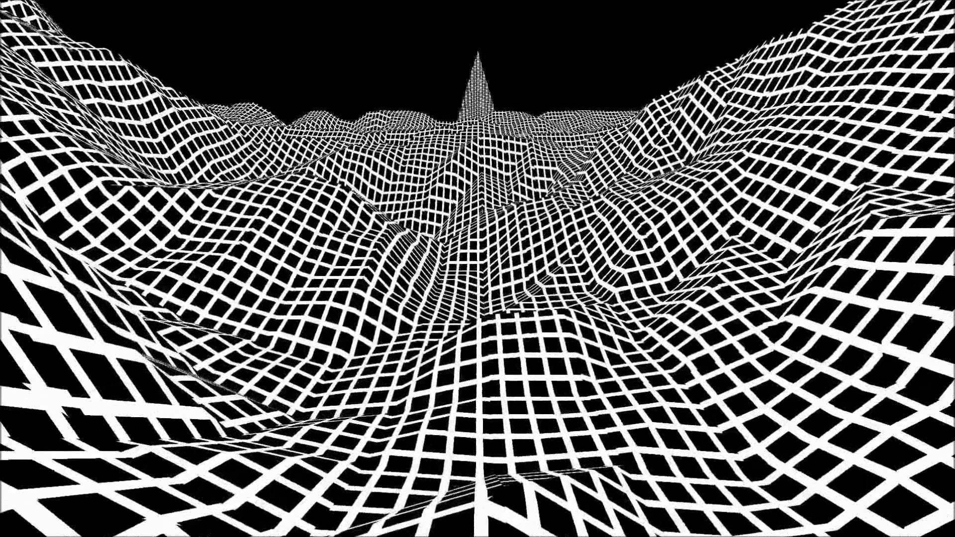 黑白抽象數碼景觀，帶有起伏的網格線，創造出3D錯覺。