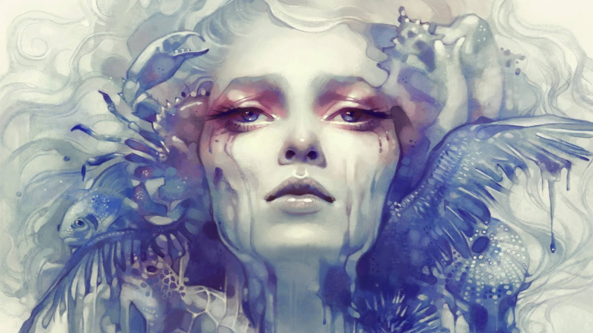 神秘宇宙中的女性巨蟹座形象 壁紙 — 一幅令人難忘的水彩肖像畫，描繪一位淚流滿面的女子，被超現實的藍色海洋生物和旋轉的迷霧所環繞。