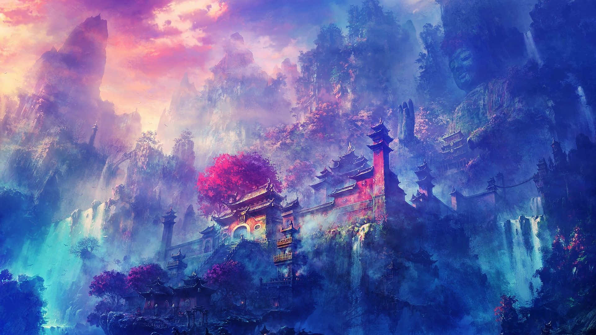 紫色動漫 桌布 壁紙 — 神秘寺廟群坐落於山谷之中，沐浴在超現實的粉紅與藍色暮光色調中。