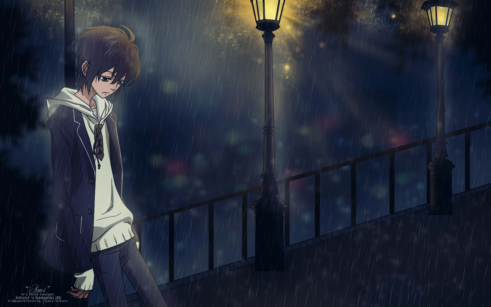 動漫男孩在夜晚發光的路燈下獨自走在雨中。