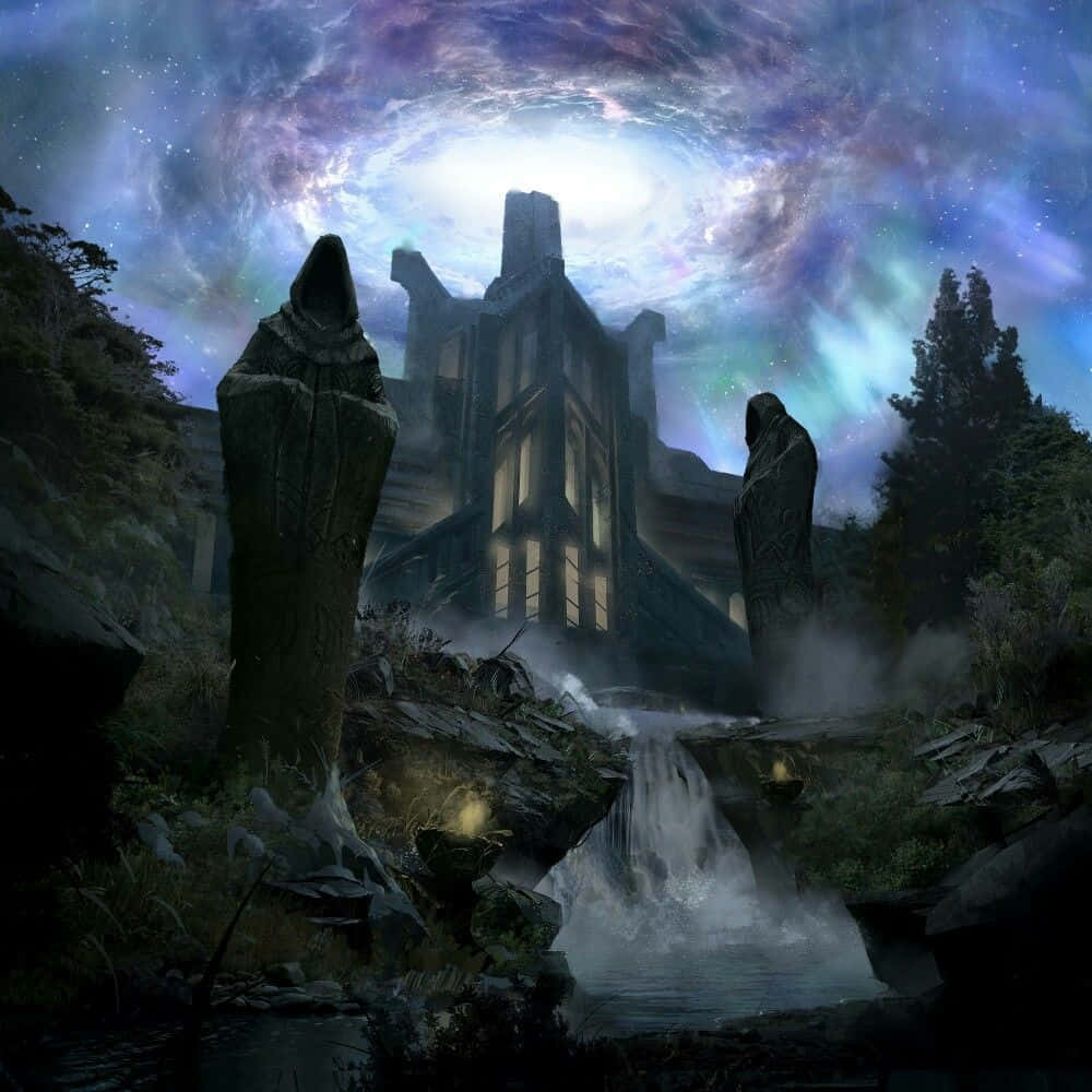 Sovngarde 桌布 壁紙 — 神秘戴兜帽的人物站在發光的廢墟前，上方是極光與星辰旋轉的宇宙天空。