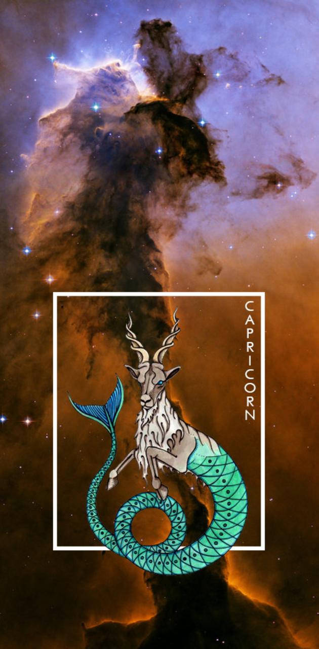 神秘摩羯座星象山羊 壁紙 — 一隻風格化的摩羯座海山羊，帶有綠松石色的尾巴，在充滿活力的宇宙星雲背景下漂浮。