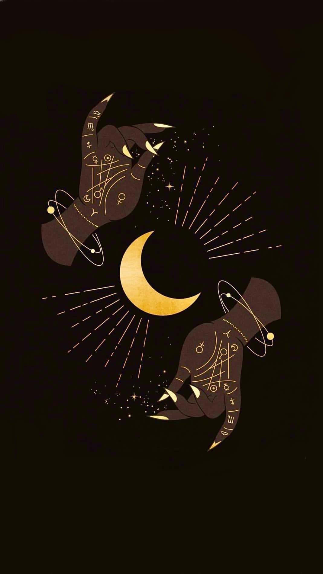 神秘新月與貓咪藝術 壁紙 — 兩隻繪有占星符號的插圖手，在星光閃爍的黑色背景上，輕輕托著一個發光的彎月。