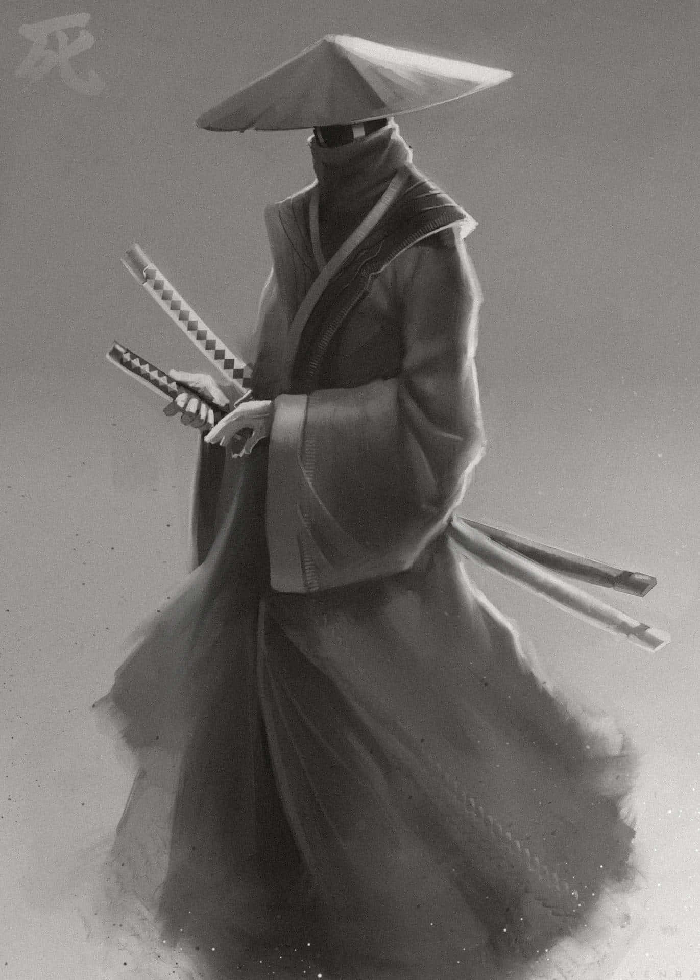 一位蒙面武士，身穿飄逸長袍，在灰色迷霧中手持兩把劍。