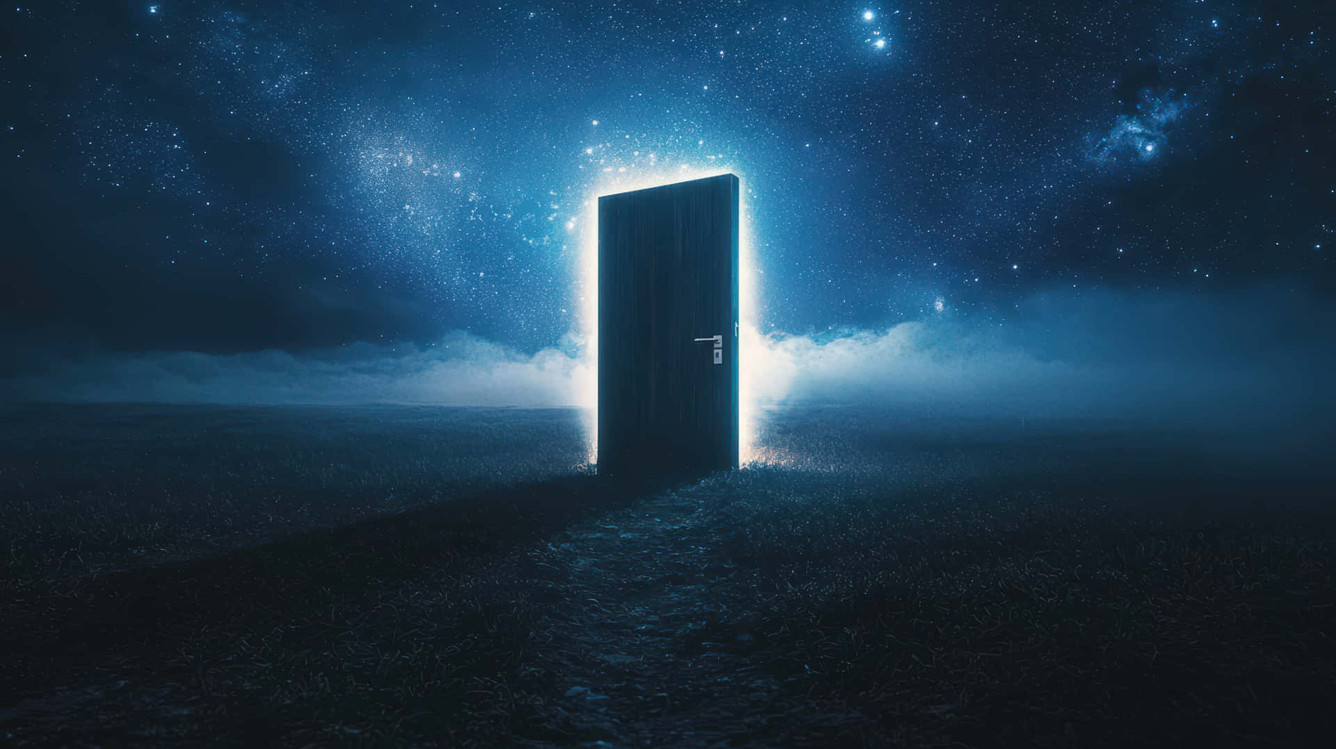 一扇發光的藍色門在星空的宇宙景觀中敞開，背景是黑暗的星雲天空。