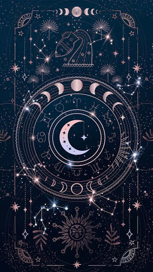 神秘星象手機背景 壁紙 — 神秘的天體圖，星座、月相和星群在深藍色背景上發光。