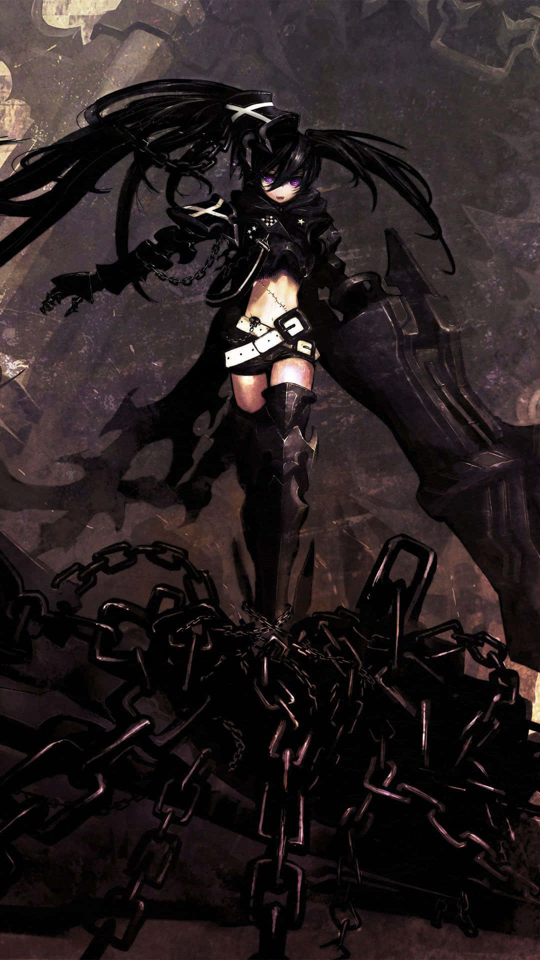 動漫女孩身穿黑色盔甲，站在黑暗廢墟中的破碎鎖鏈上。