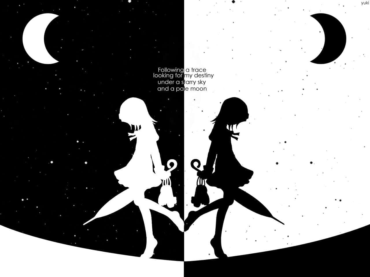 兩個動漫女孩在星空下向相反方向行走，帶有新月。